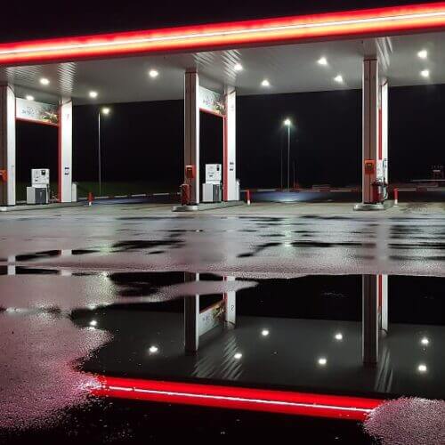 Metal canopy over a gas station tarmac