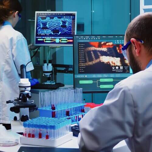 Scientists at work in a pathology lab