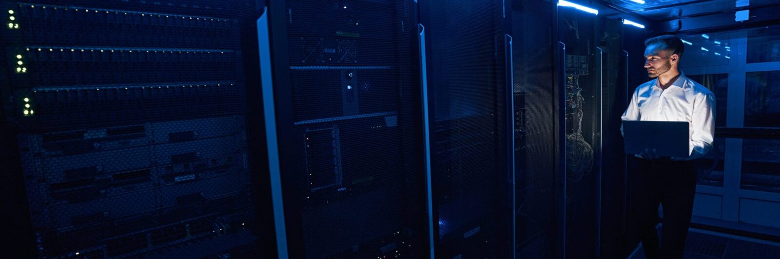 I.T. professional inspecting a server room